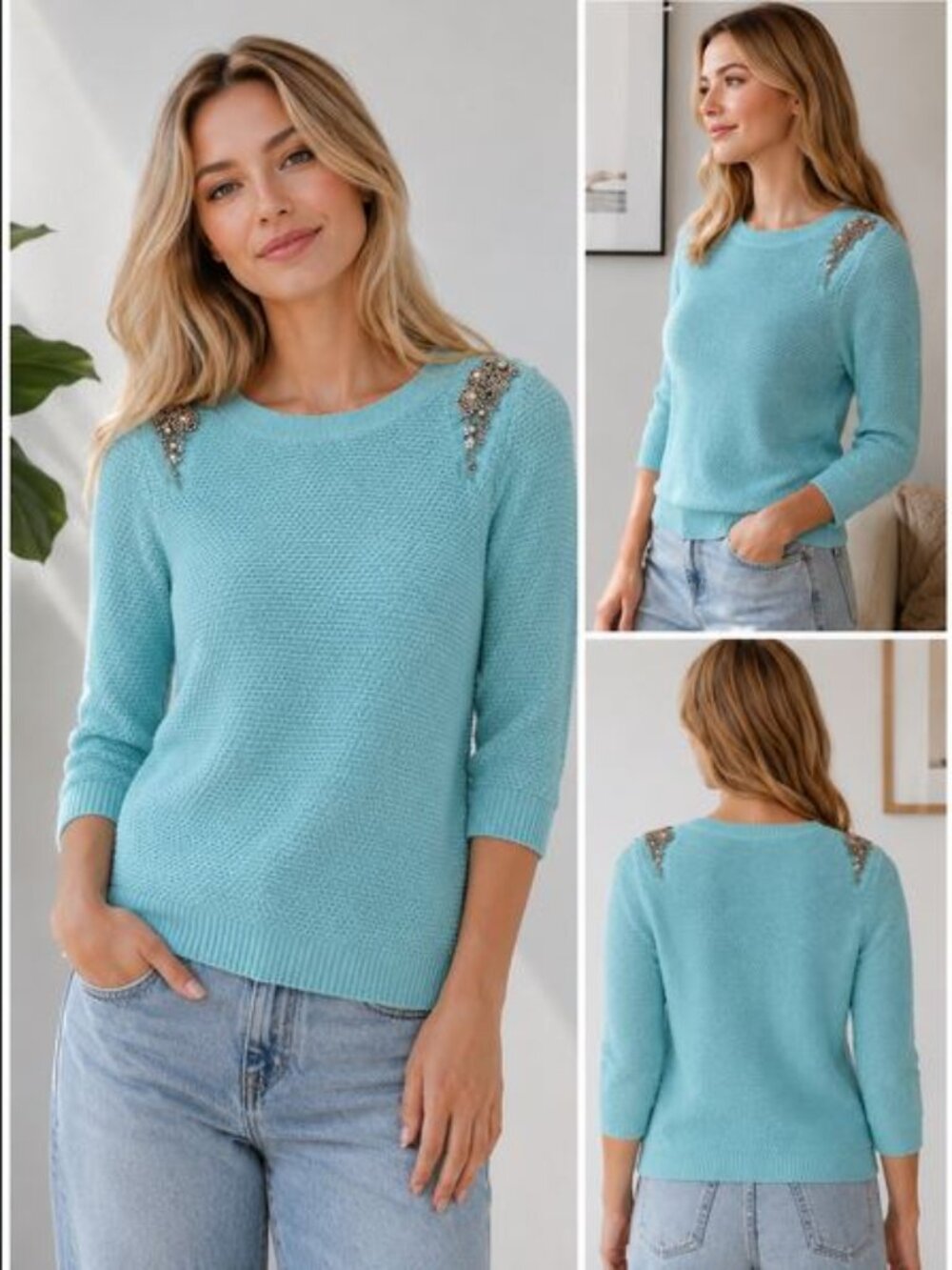 Embellished Turquiose Sweater Beaded Rich Girl Starter Pack Quiet Luxury